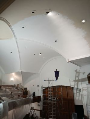 Painting in Pittsfield, MA       church cathedral ceiling in progress (2)