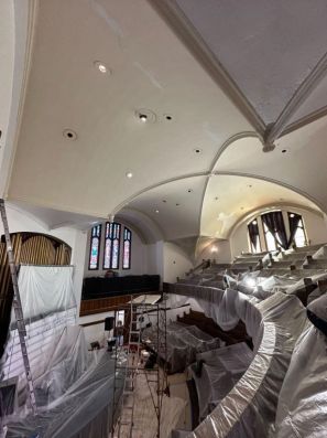 Painting in Pittsfield, MA       church cathedral ceiling in progress (3)