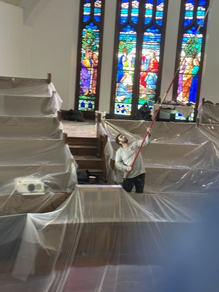 Painting in Pittsfield, MA       church cathedral ceiling in progress (7)