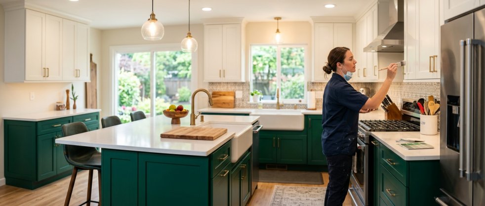 Painter painting white upper kitchen cabinets in a bright modern kitchen with green lower cabinets and island