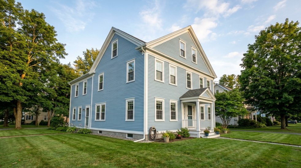 Blue-painted two-story house with white trim and a manicured lawn in Pittsfield, Massachusetts