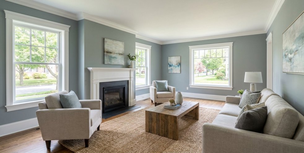 Recently painted living room with gray walls, white trim, fireplace, and large windows in a Pittsfield home