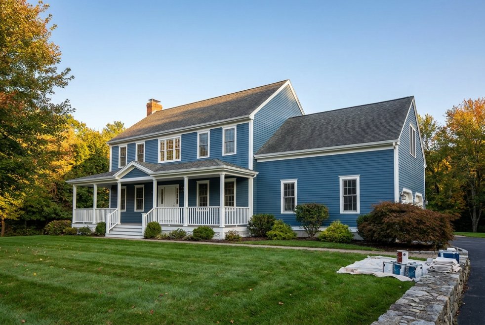 Recently painted blue colonial home with white trim and front porch